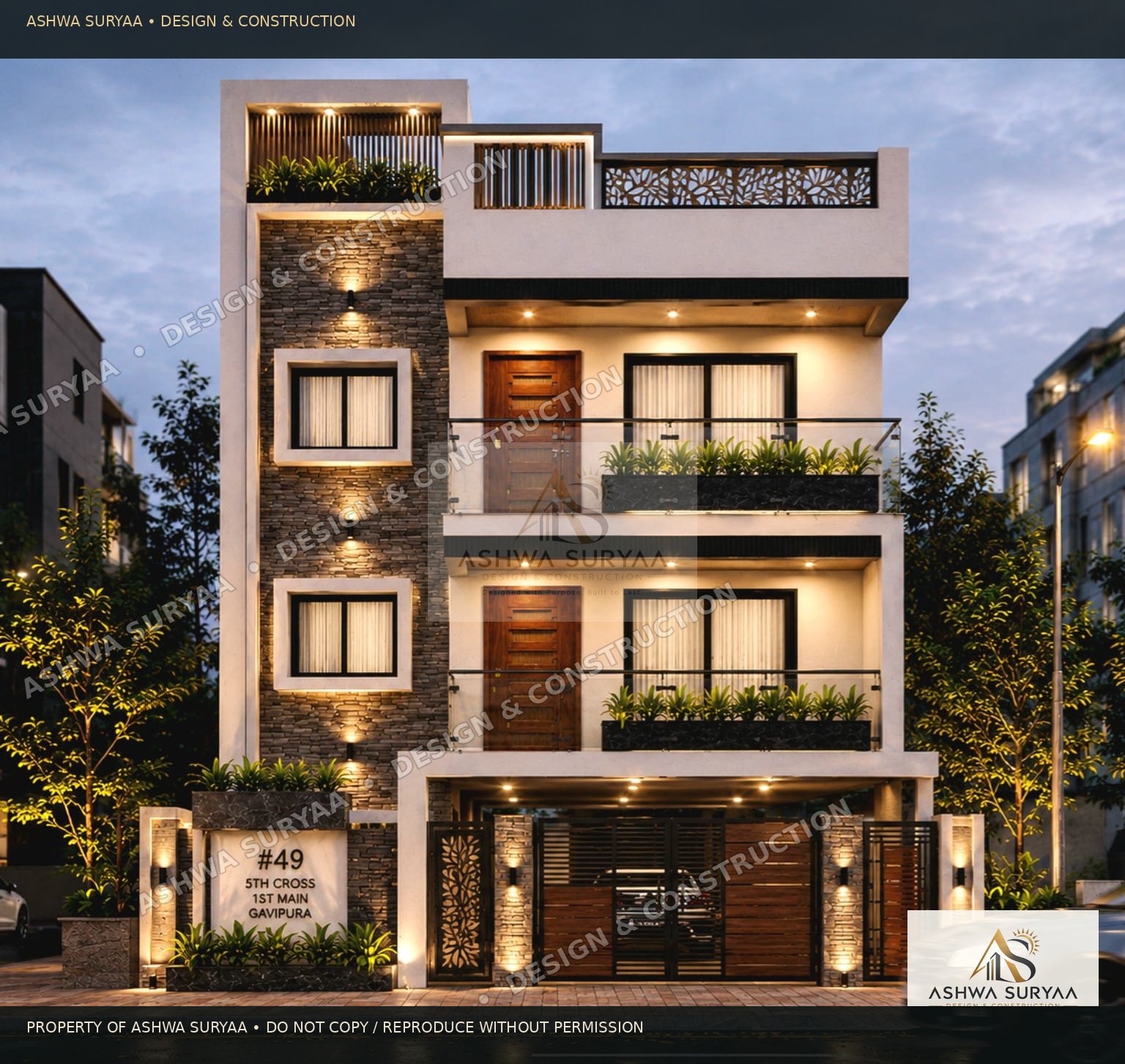 Three-storey residential elevation visualization